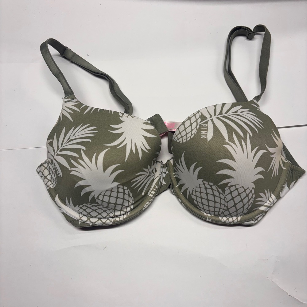 Pink Victoria's Secret Wear Everywhere T-Shirt Bra 36C Olive Pineapple Print